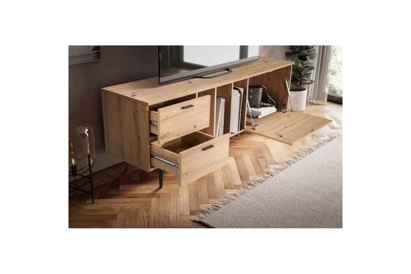 Lowboard Wohnling modernt spånskiva, 2 lådor, 1 dörr, förvaringsbrickor, metallben, modern stil Svart, Ek - Svart, Ek - Möbler - Tv möbel & mediamöbel - TV bänk & mediabänk