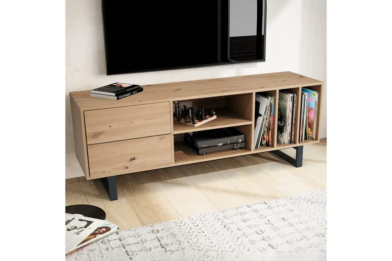 Lowboard Wohnling modernt spånskiva, 2 lådor, förvaringsbrickor, metallben, modern stil Ek - Ek - Möbler - Tv möbel & mediamöbel - TV bänk & mediabänk