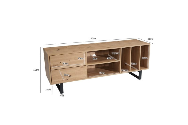 Lowboard Wohnling modernt spånskiva, 2 lådor, förvaringsbrickor, metallben, modern stil Ek - Ek - Möbler - Tv möbel & mediamöbel - TV bänk & mediabänk