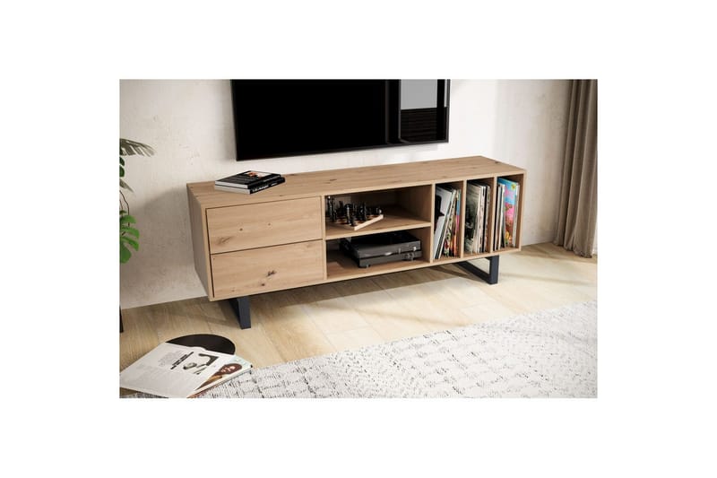 Lowboard Wohnling modernt spånskiva, 2 lådor, förvaringsbrickor, metallben, modern stil Ek - Ek - Möbler - Tv möbel & mediamöbel - Mediastativ & väggfäste