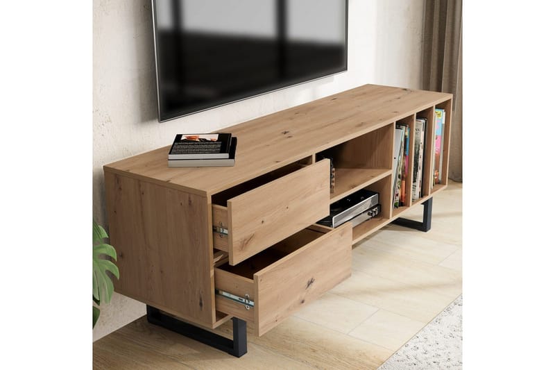 Lowboard Wohnling modernt spånskiva, 2 lådor, förvaringsbrickor, metallben, modern stil Ek - Ek - Möbler - Tv möbel & mediamöbel - TV bänk & mediabänk