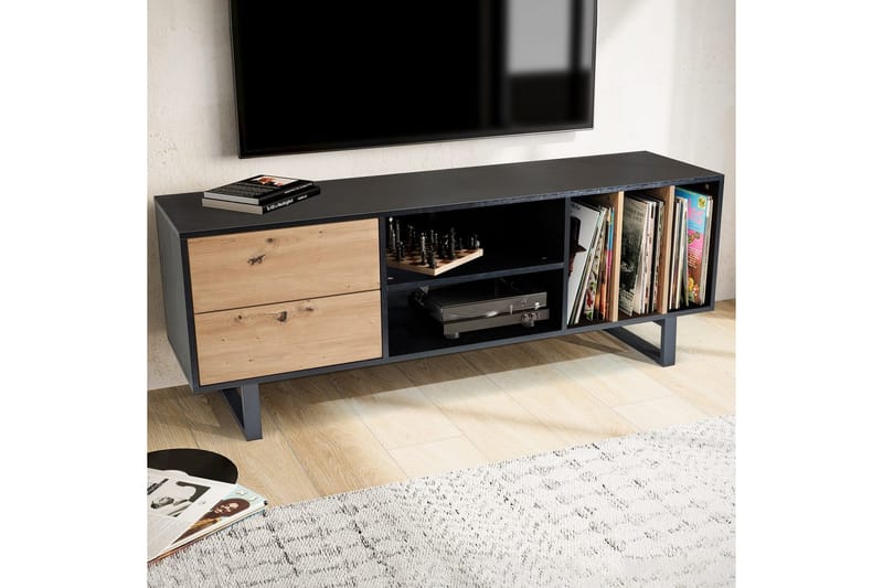 Lowboard Wohnling modernt spånskiva, 2 lådor, förvaringsbrickor, metallben, modern stil Svart, Ek - Svart, Ek - Möbler - Tv möbel & mediamöbel - Mediastativ & väggfäste