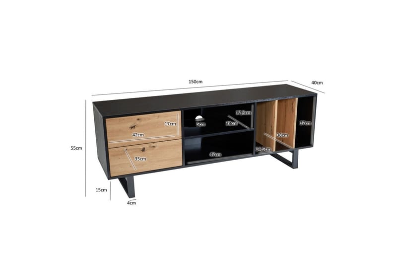 Lowboard Wohnling modernt spånskiva, 2 lådor, förvaringsbrickor, metallben, modern stil Svart, Ek - Svart, Ek - Möbler - Tv möbel & mediamöbel - Mediastativ & väggfäste