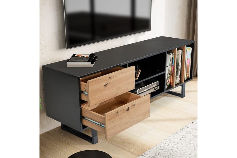 Lowboard Wohnling modernt spånskiva, 2 lådor, förvaringsbrickor, metallben, modern stil Svart, Ek - Svart, Ek - Möbler - Tv möbel & mediamöbel - Mediastativ & väggfäste