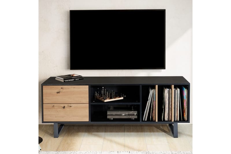 Lowboard Wohnling modernt spånskiva, 2 lådor, förvaringsbrickor, metallben, modern stil Svart, Ek - Svart, Ek - Möbler - Tv möbel & mediamöbel - Mediastativ & väggfäste