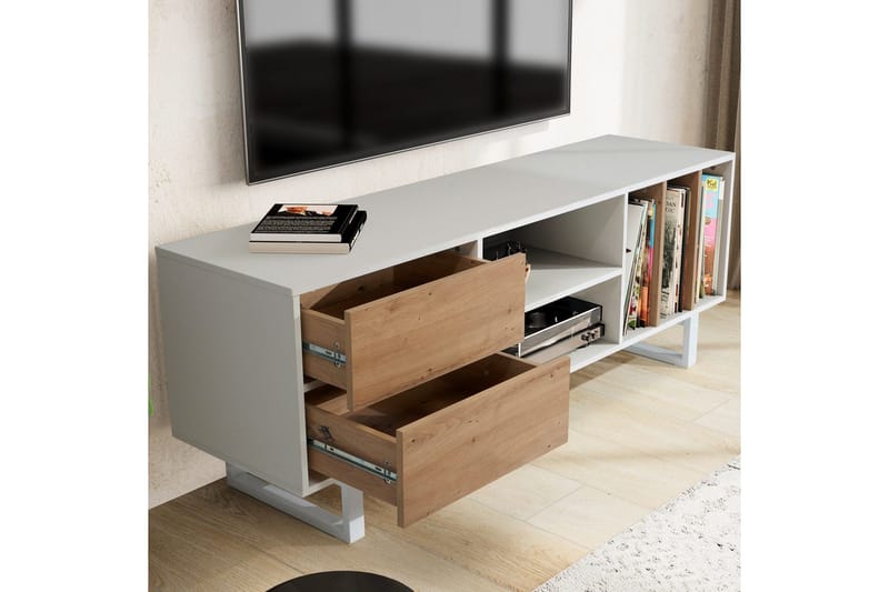 Lowboard Wohnling modernt spånskiva, 2 lådor, förvaringsbrickor, metallben, modern stil Vit, ek - Vit, ek - Möbler - Tv möbel & mediamöbel - TV bänk & mediabänk