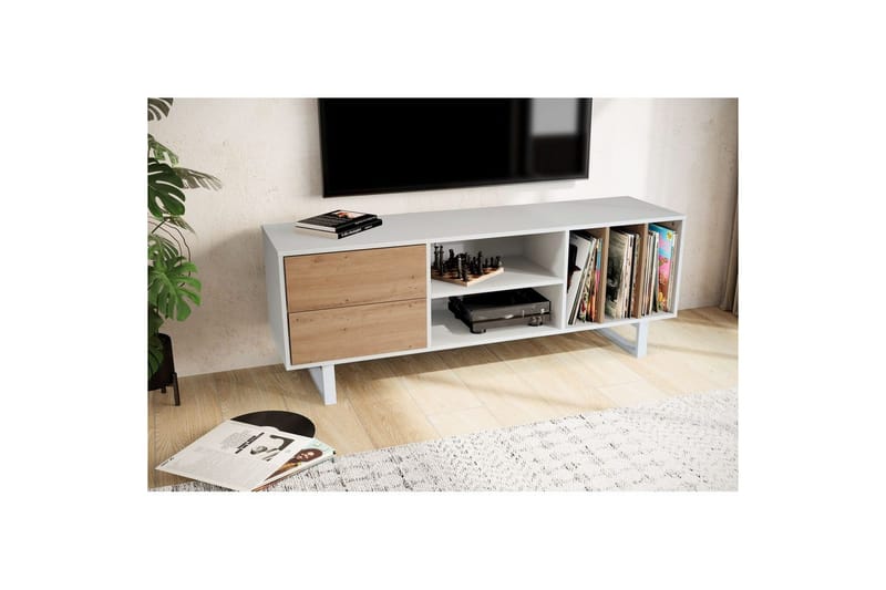 Lowboard Wohnling modernt spånskiva, 2 lådor, förvaringsbrickor, metallben, modern stil Vit, ek - Vit, ek - Möbler - Tv möbel & mediamöbel - TV bänk & mediabänk