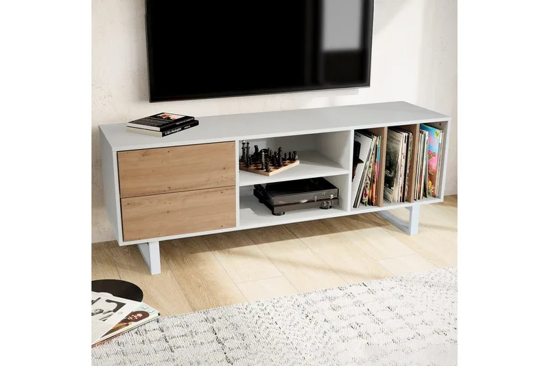 Lowboard Wohnling modernt spånskiva, 2 lådor, förvaringsbrickor, metallben, modern stil Vit, ek - Vit, ek - Möbler - Tv möbel & mediamöbel - TV bänk & mediabänk