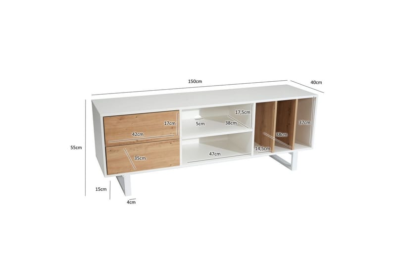 Lowboard Wohnling modernt spånskiva, 2 lådor, förvaringsbrickor, metallben, modern stil Vit, ek - Vit, ek - Möbler - Tv möbel & mediamöbel - Mediastativ & väggfäste