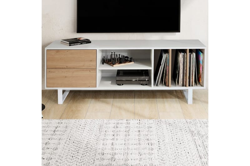 Lowboard Wohnling modernt spånskiva, 2 lådor, förvaringsbrickor, metallben, modern stil Vit, ek - Vit, ek - Möbler - Tv möbel & mediamöbel - Mediastativ & väggfäste