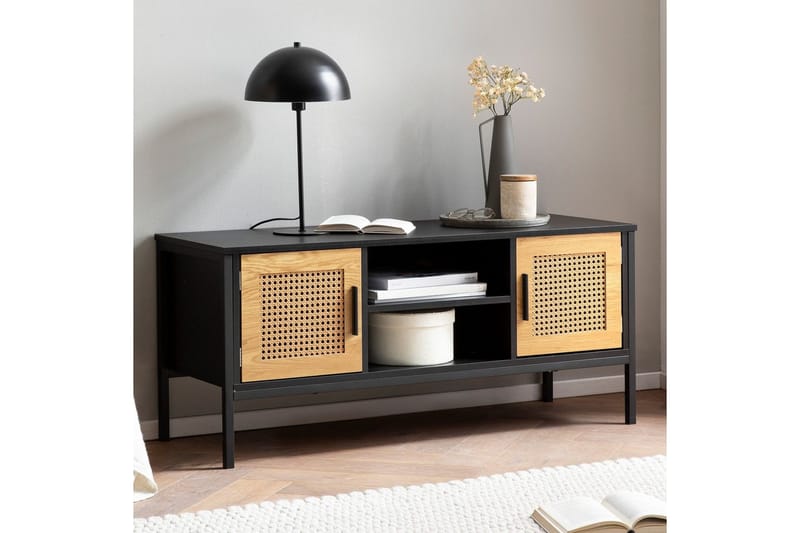 Lowboard Wohnling spånskiva folierad med 2 skjutdörrar, wienflät, modern stil Svart, Ek - Svart, Ek - Möbler - Tv möbel & mediamöbel - Mediastativ & väggfäste