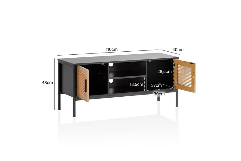 Lowboard Wohnling spånskiva folierad med 2 skjutdörrar, wienflät, modern stil Svart, Ek - Svart, Ek - Möbler - Tv möbel & mediamöbel - TV bänk & mediabänk