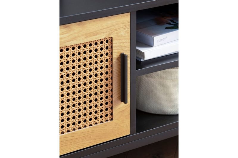 Lowboard Wohnling spånskiva folierad med 2 skjutdörrar, wienflät, modern stil Svart, Ek - Svart, Ek - Möbler - Tv möbel & mediamöbel - TV bänk & mediabänk