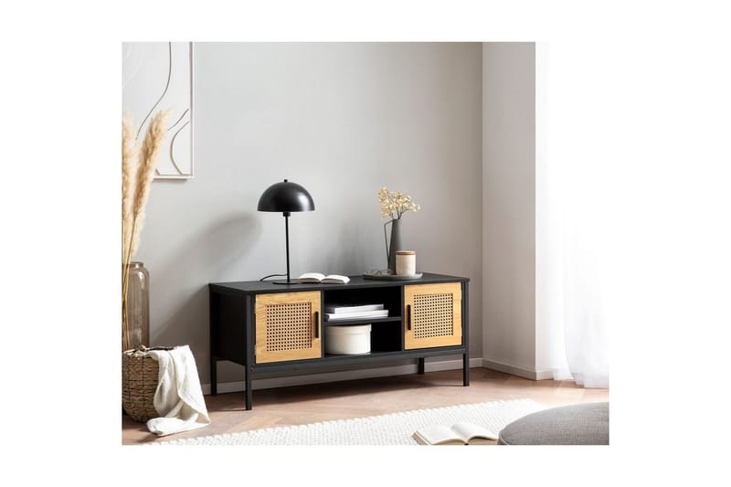 Lowboard Wohnling spånskiva folierad med 2 skjutdörrar, wienflät, modern stil Svart, Ek - Svart, Ek - Möbler - Tv möbel & mediamöbel - TV bänk & mediabänk