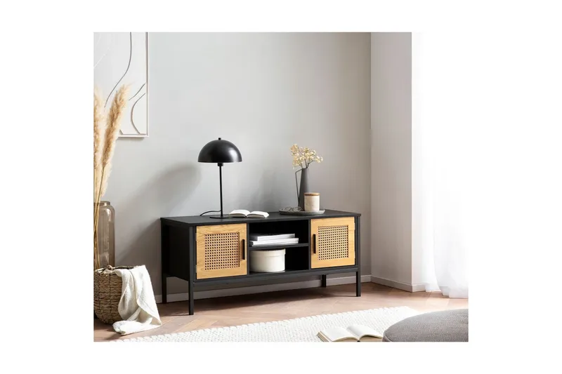 Lowboard Wohnling spånskiva folierad med 2 skjutdörrar, wienflät, modern stil Svart, Ek - Svart, Ek - Möbler - Tv möbel & mediamöbel - TV bänk & mediabänk