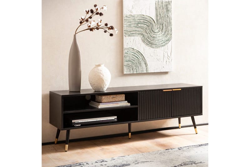 Lowboard Wohnling Spånskiva Svart Folierad med 2 Dörrar Förvaringsfack Modern - Möbler - Tv möbel & mediamöbel - TV bänk & mediabänk