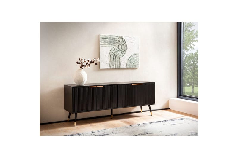 Lowboard Wohnling Spånskiva Svart Folierad med 2 Dörrar Modern Ek med Metallben - Möbler - Tv möbel & mediamöbel - TV bänk & mediabänk