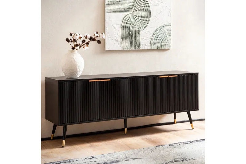 Lowboard Wohnling Spånskiva Svart Folierad med 2 Dörrar Modern Ek med Metallben - Möbler - Tv möbel & mediamöbel - TV bänk & mediabänk