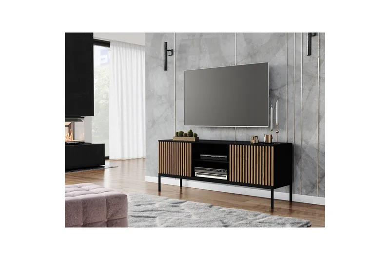 Meorati Golvstående Tv Bänk 150 cm med Förvaring i Ek - Svart - Möbler - Tv möbel & mediamöbel - TV bänk & mediabänk
