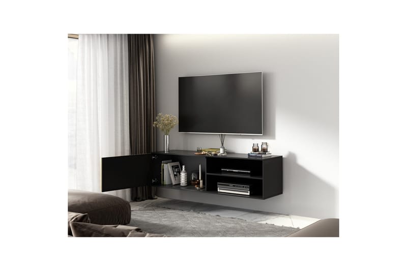 Meorati Vägghängd TV-bänk 150 cm med Förvaring i Ek - Svart - Möbler - Tv möbel & mediamöbel - TV bänk & mediabänk