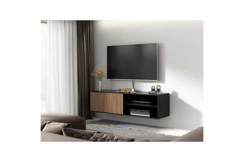 Meorati Vägghängd TV-bänk 150 cm med Förvaring i Ek - Svart - Möbler - Tv möbel & mediamöbel - TV bänk & mediabänk