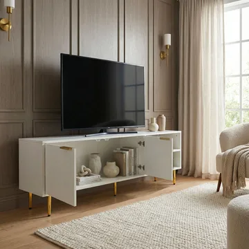 Morela TV-bänk 150 cm - Vit med guldfärgade detaljer - Möbler - Tv möbel & mediamöbel - TV bänk & mediabänk