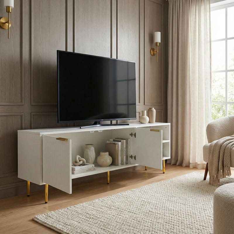 Morela TV-bänk 150 cm - Vit med guldfärgade detaljer - Möbler - Tv möbel & mediamöbel - TV bänk & mediabänk