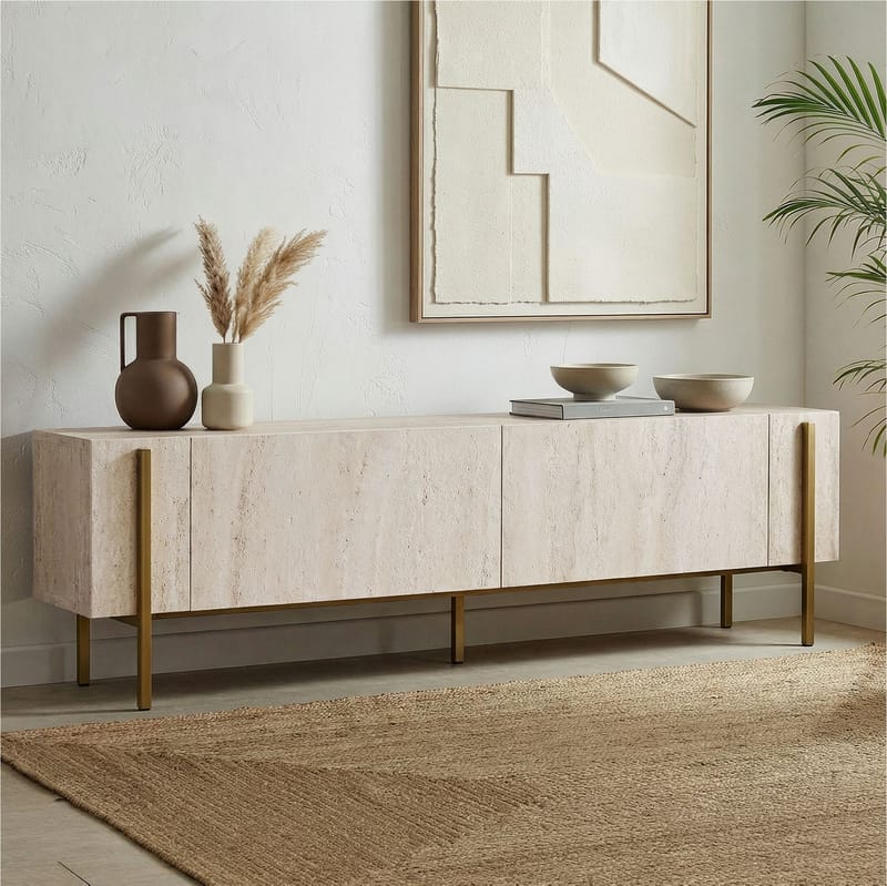 Nexus TV-bänk 180 cm - Travertin och guld - Möbler - Tv möbel & mediamöbel - Mediastativ & väggfäste
