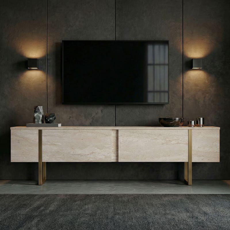 Nopira TV-bänk 180 cm - Travertin och guld - Möbler - Tv möbel & mediamöbel - Mediastativ & väggfäste