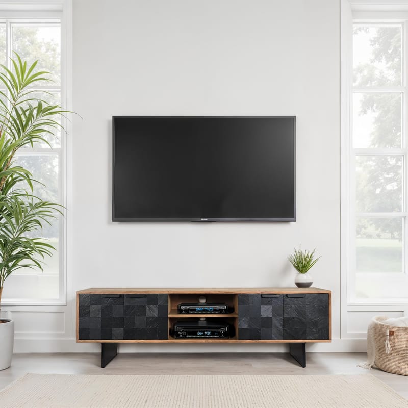 Olvian TV-bänk 150 cm i massivt akaciaträ med fronter i stenlook och metall - Möbler - Tv möbel & mediamöbel - TV bänk & mediabänk