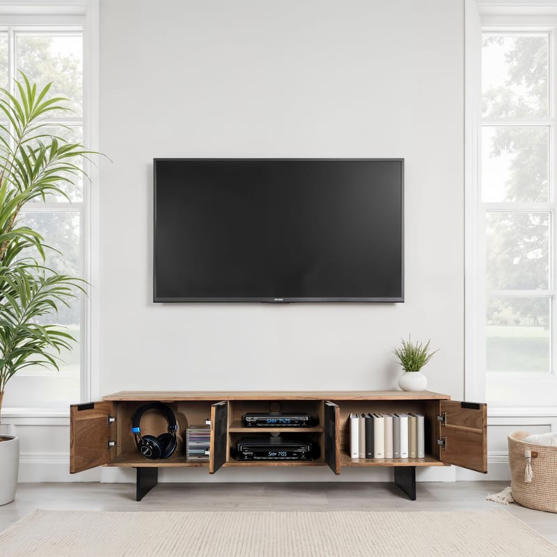 Olvian TV-bänk 150 cm i massivt akaciaträ med fronter i stenlook och metall - Möbler - Tv möbel & mediamöbel - TV bänk & mediabänk