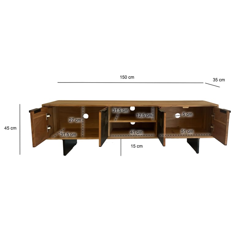 Olvian TV-bänk 150 cm i massivt akaciaträ med fronter i stenlook och metall - Möbler - Tv möbel & mediamöbel - TV bänk & mediabänk