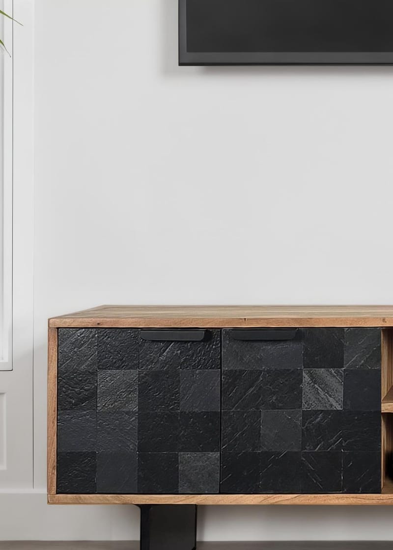 Olvian TV-bänk 150 cm i massivt akaciaträ med fronter i stenlook och metall - Möbler - Tv möbel & mediamöbel - TV bänk & mediabänk
