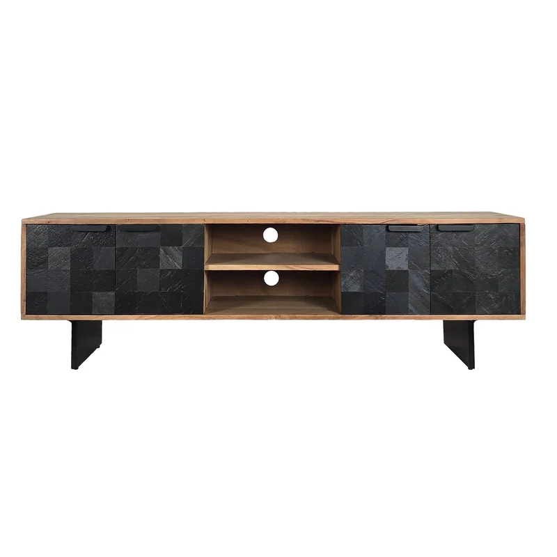 Olvian TV-bänk 150 cm i massivt akaciaträ med fronter i stenlook och metall, undefined