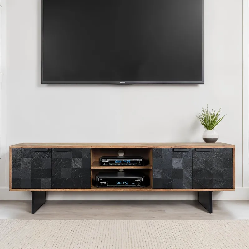 Olvian TV-bänk 150 cm i massivt akaciaträ med fronter i stenlook och metall - Möbler - Tv möbel & mediamöbel - TV bänk & mediabänk