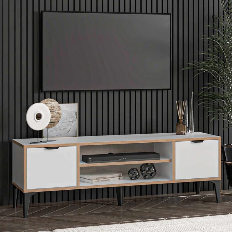 Olyros Tv-bänk 140 cm med Förvaring i Trä med Metallben - Vit - Möbler - Tv möbel & mediamöbel - TV bänk & mediabänk