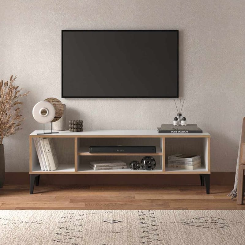 Olyros Tv-bänk 140 cm med Förvaring i Trä med Metallben - Vit - Möbler - Tv möbel & mediamöbel - TV bänk & mediabänk