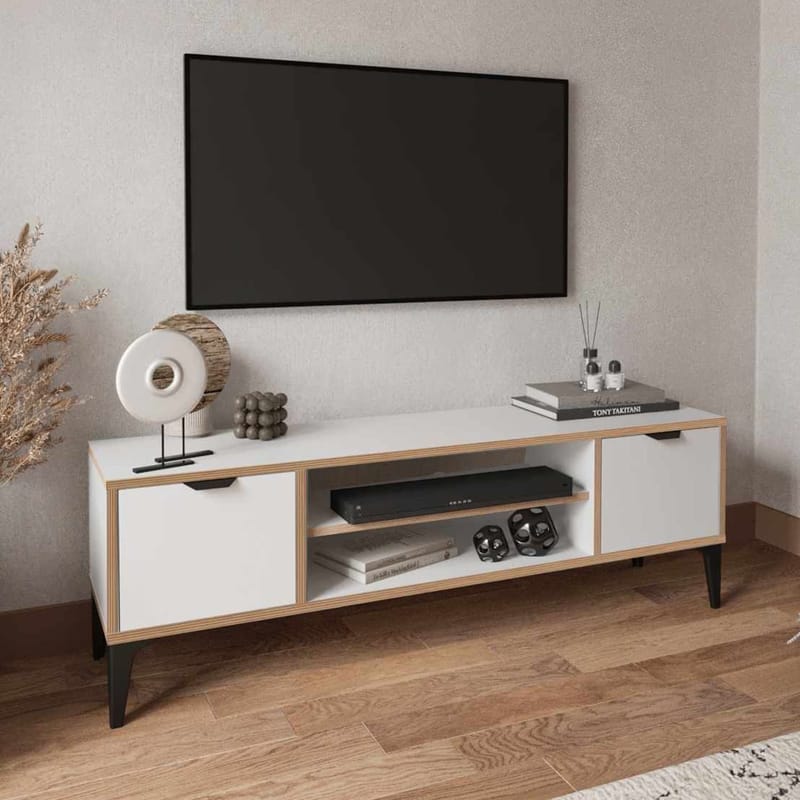 Olyros Tv-bänk 140 cm med Förvaring i Trä med Metallben - Vit - Möbler - Tv möbel & mediamöbel - TV bänk & mediabänk