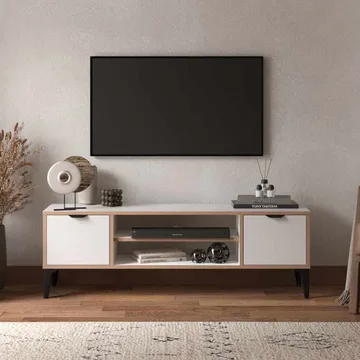 Olyros Tv-bänk 140 cm med Förvaring i Trä med Metallben - Vit - Möbler - Tv möbel & mediamöbel - TV bänk & mediabänk