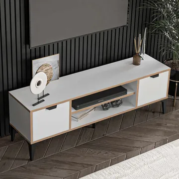 Olyros Tv-bänk 140 cm med Förvaring i Trä med Metallben - Vit - Möbler - Tv möbel & mediamöbel - TV bänk & mediabänk