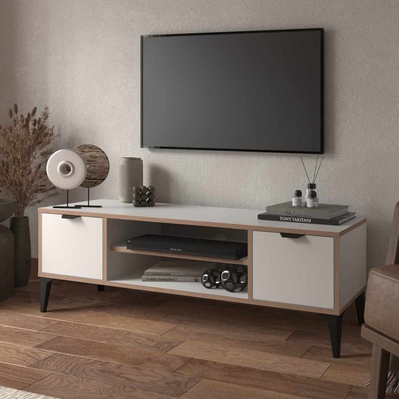 Olyros Tv-bänk 140 cm med Förvaring i Trä med Metallben - Vit - Möbler - Tv möbel & mediamöbel - TV bänk & mediabänk