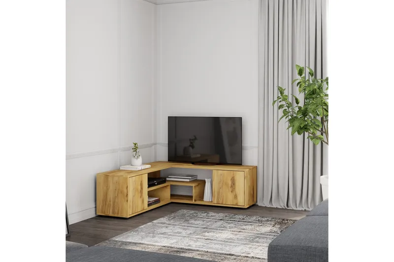 Pienk Hörn TV Bänk i Trä 125 cm med Förvaring i Ek - Brun - Möbler - Tv möbel & mediamöbel - TV bänk & mediab änk