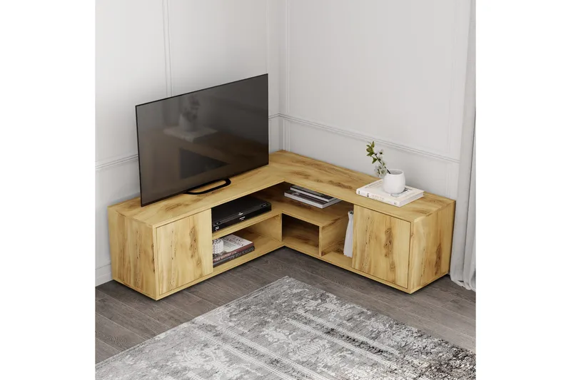 Pienk Hörn TV Bänk i Trä 125 cm med Förvaring i Ek - Brun - Möbler - Tv möbel & mediamöbel - TV bänk & mediabänk