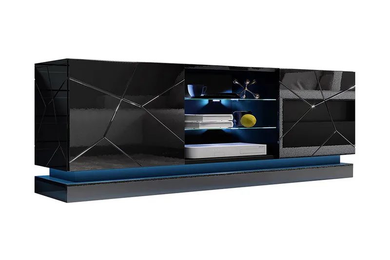 Qiu Golvstående Tv Bänk 160 cm med Förvaring i Målat Trä högglans, Svart