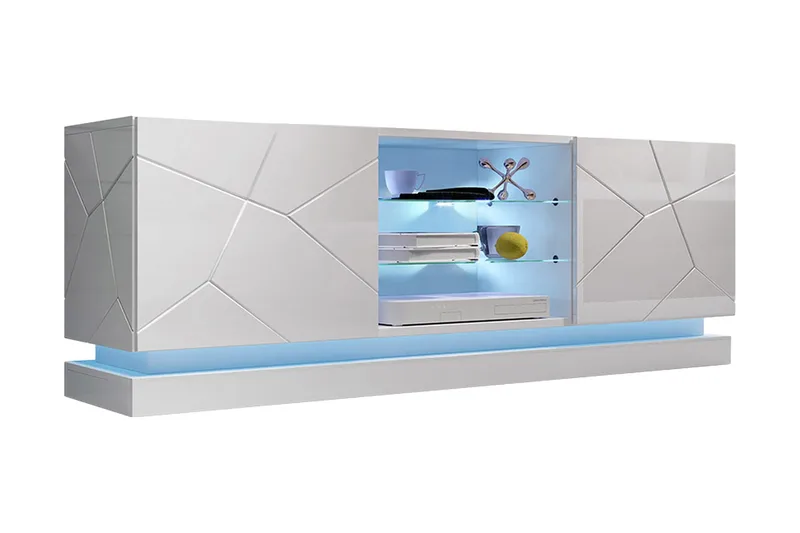 Qiu TV-bänk 40x160 cm LED-belysning, Vit/Högglans