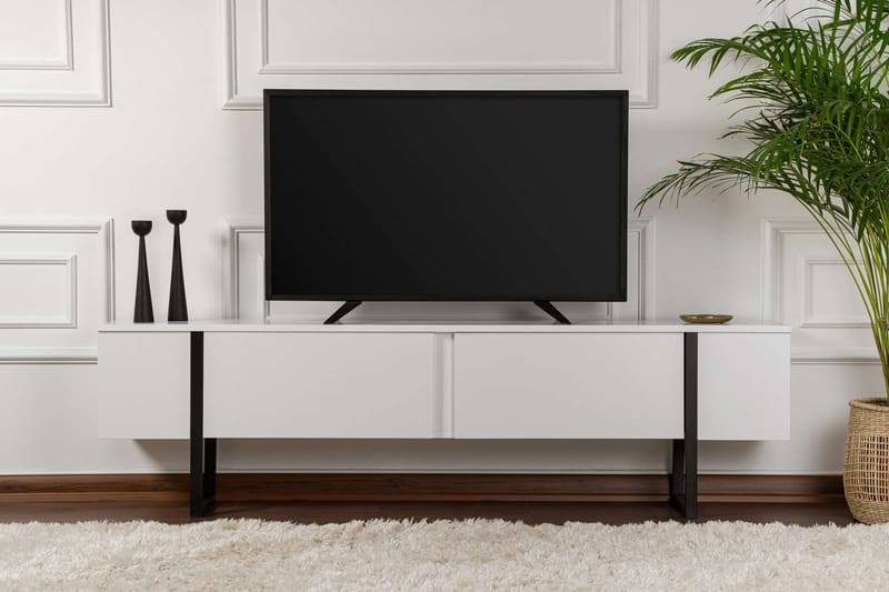 Serenity Golvstående Tv Bänk 180 cm med Förvaring i Trä med Metallben - Vit - Möbler - Tv möbel & mediamöbel - TV bänk & mediabänk