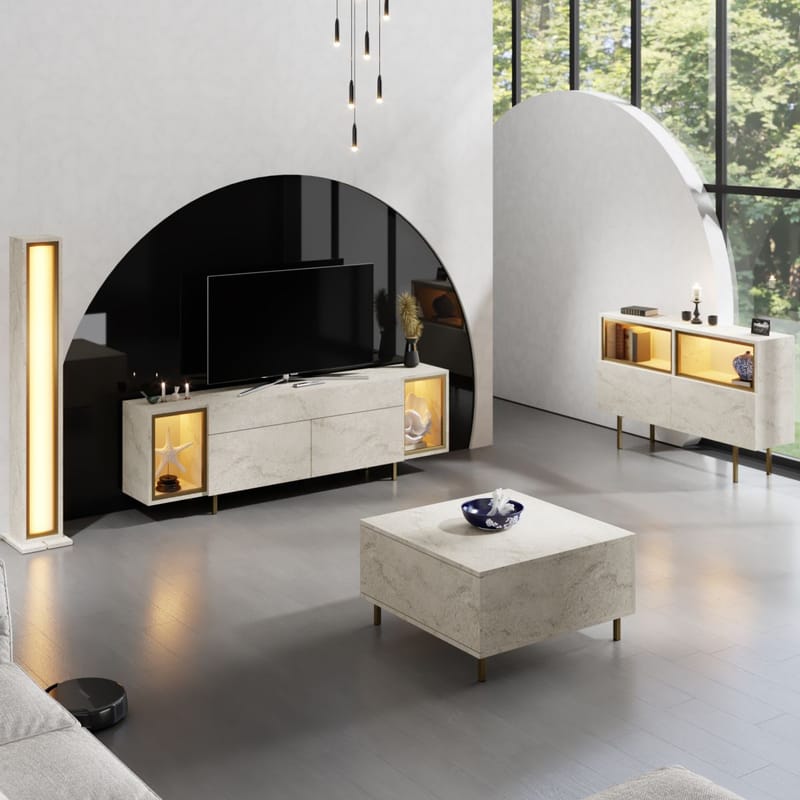 Sosan TV-bänk 180x55x32 cm - Travertin och guld - Möbler - Tv möbel & mediamöbel - TV bänk & mediabänk