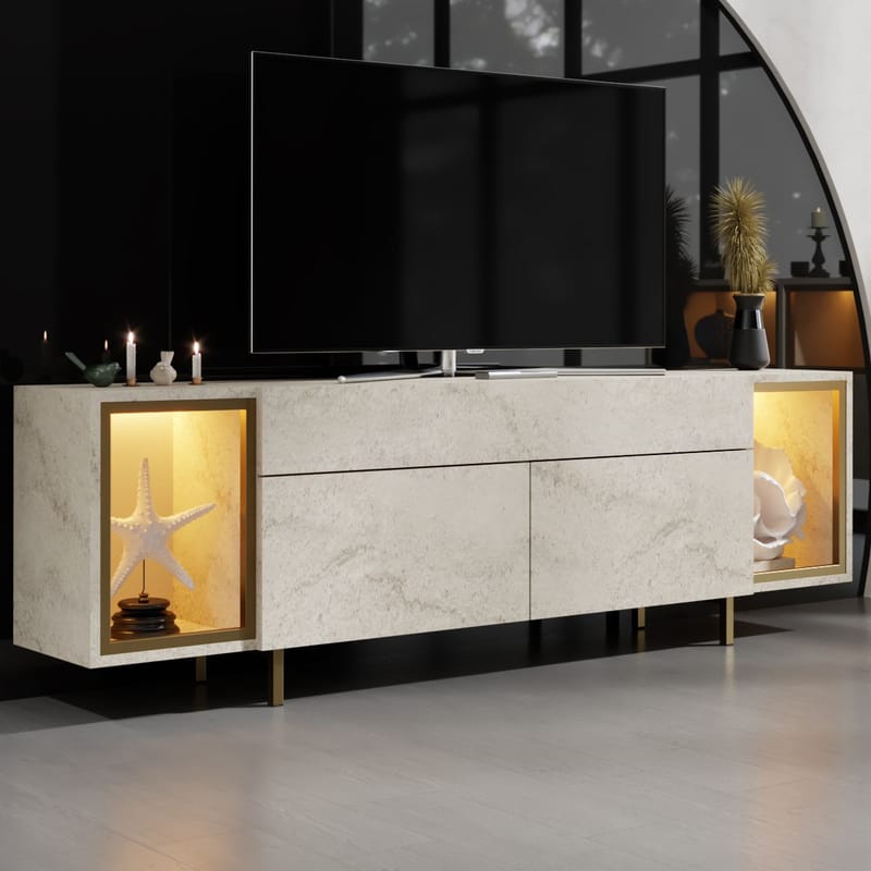 Sosan TV-bänk 180x55x32 cm - Travertin och guld - Möbler - Tv möbel & mediamöbel - TV bänk & mediabänk