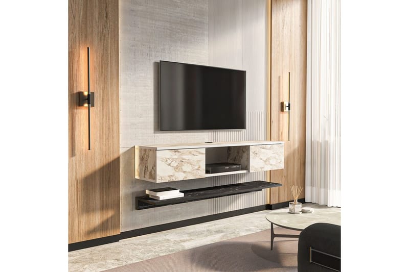 Sovric Vägghängd TV Bänk 140 cm med Förvaring i Målat Trä - Beige Marmor - Möbler - Tv möbel & mediamöbel - TV bänk & mediabänk