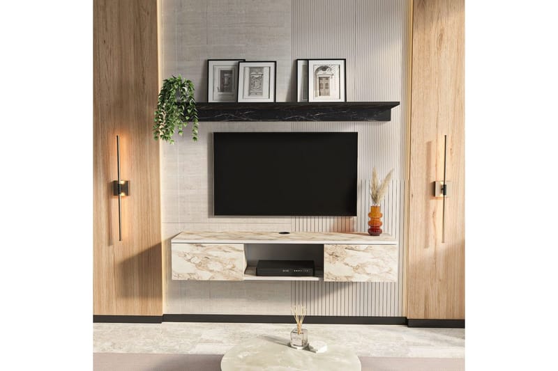 Sovric Vägghängd TV Bänk 140 cm med Förvaring i Målat Trä - Beige Marmor - Möbler - Tv möbel & mediamöbel - TV bänk & mediabänk